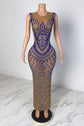 Yembi Fashion royal blue crystal maxi dress with sheer nude illusion mesh, vertical sapphire rhinestone lines, and baroque crystal bodice embellishments