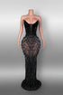 Yembi Fashion black rhinestone mermaid gown with strapless corset bodice, sheer nude-illusion mesh, and heavy geometric crystal beading